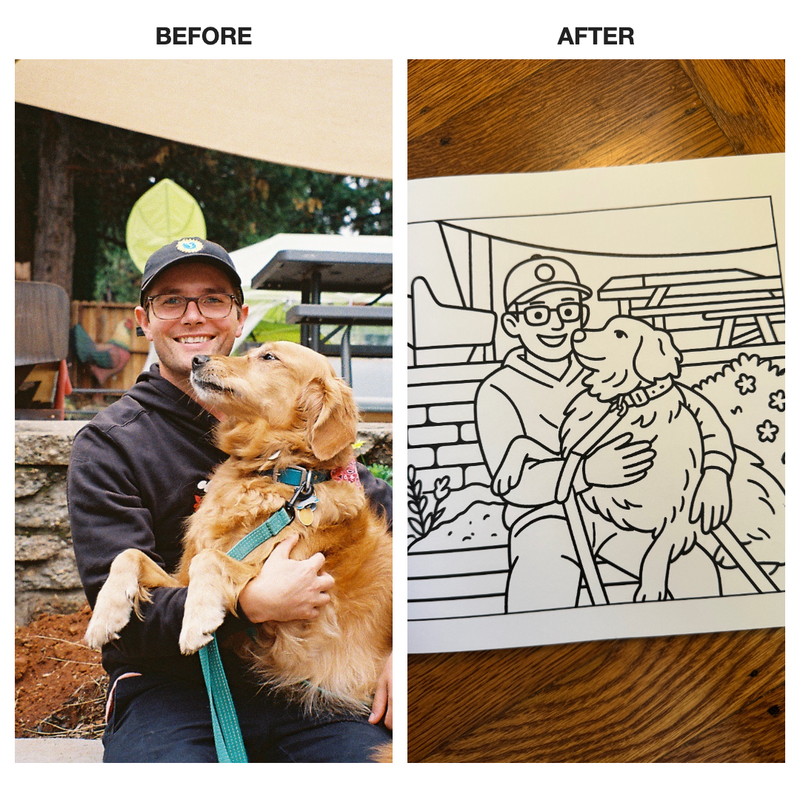 Before and after comparison of a man with a dog as before and the man with the dog as a coloring book page as the after.