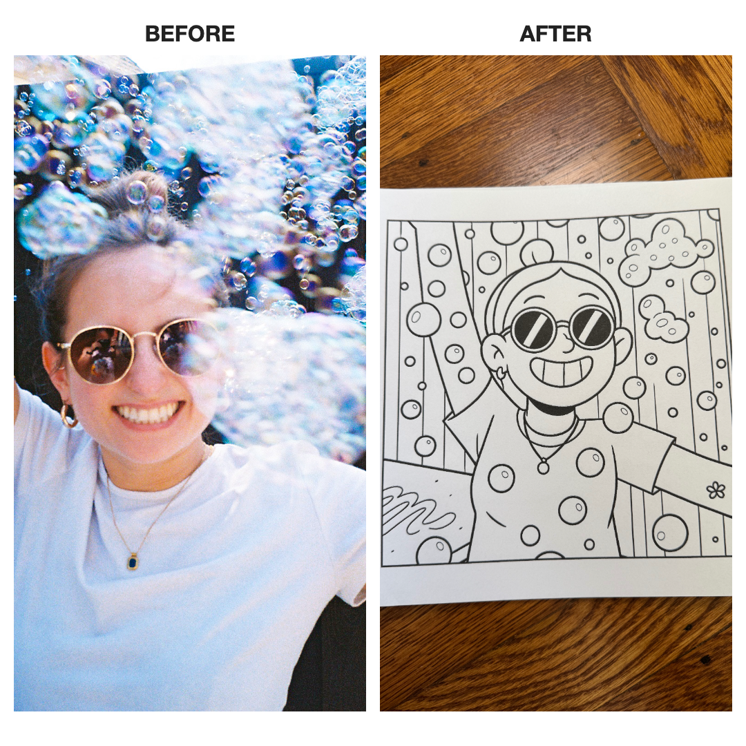 Before and after comparison of a person with bubbles and a coloring book page with a similar design.