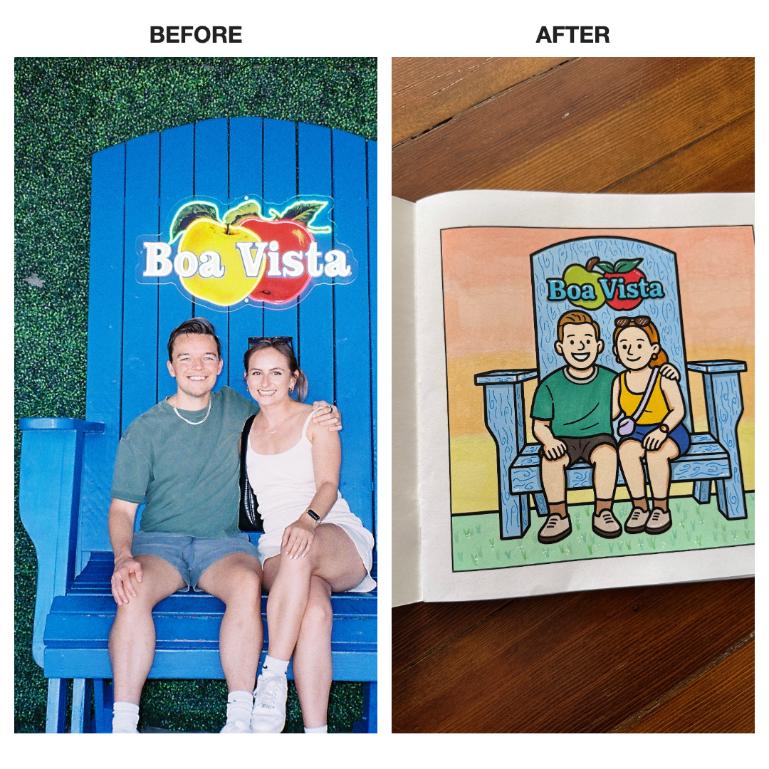 Before and after comparison of a couple sitting on a blue chair with 'Boa Vista' branding. The after photo is a coloring book page that has been colored in.